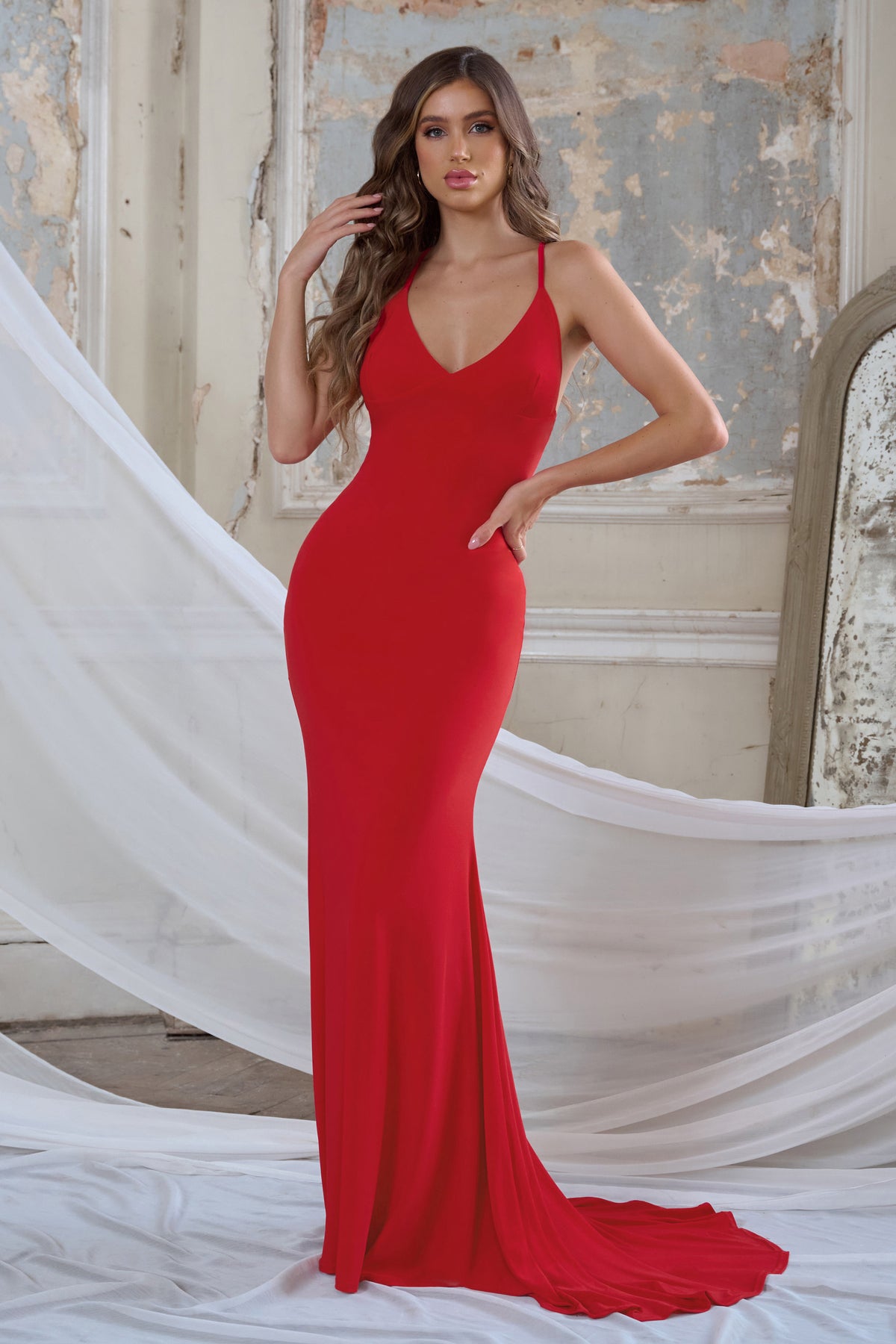 Lucky Number Red Cross Back Fishtail Maxi Dress Club L London Uk