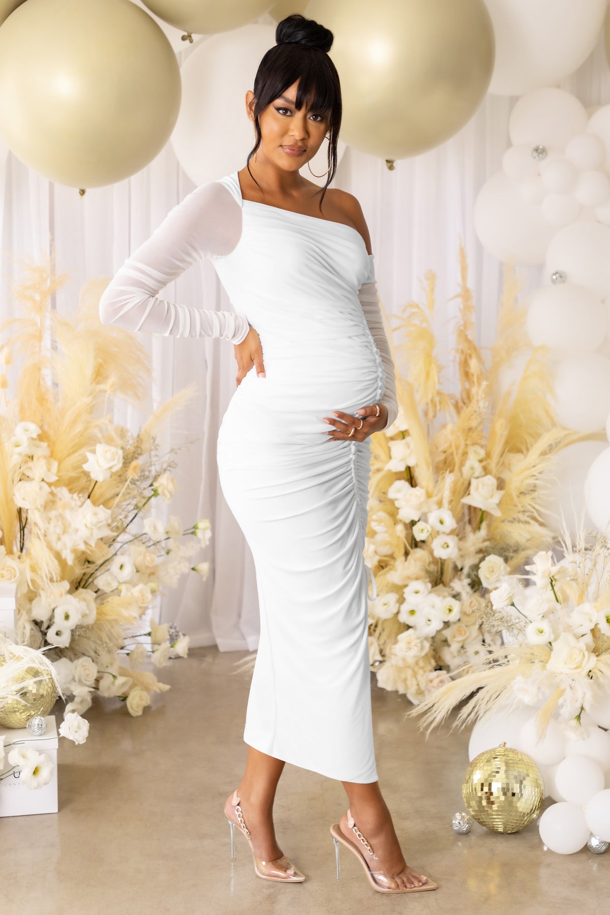 Sweet Dreams White Maternity Asymmetric Ruched Midi Dress – Club L ...