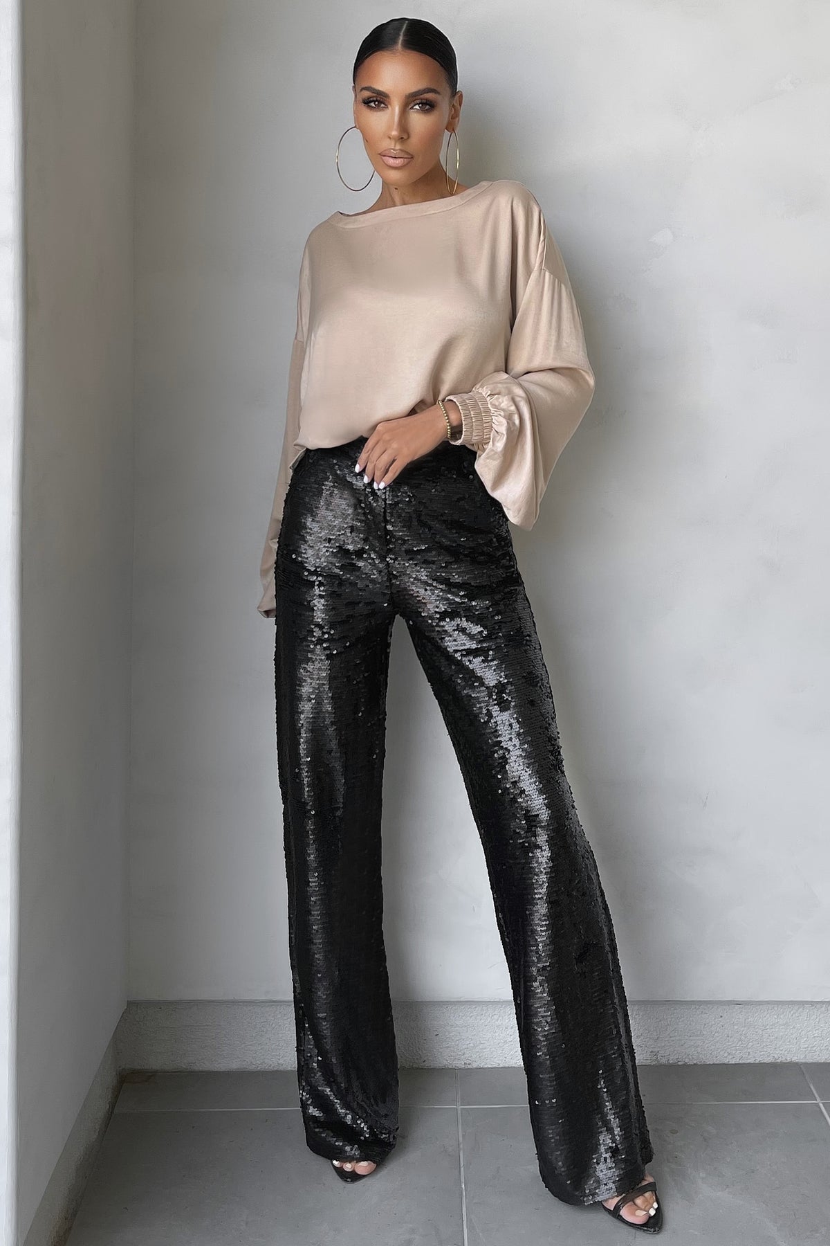 Black Sequin High Waist Palazzo Trousers  Quiz Clothing