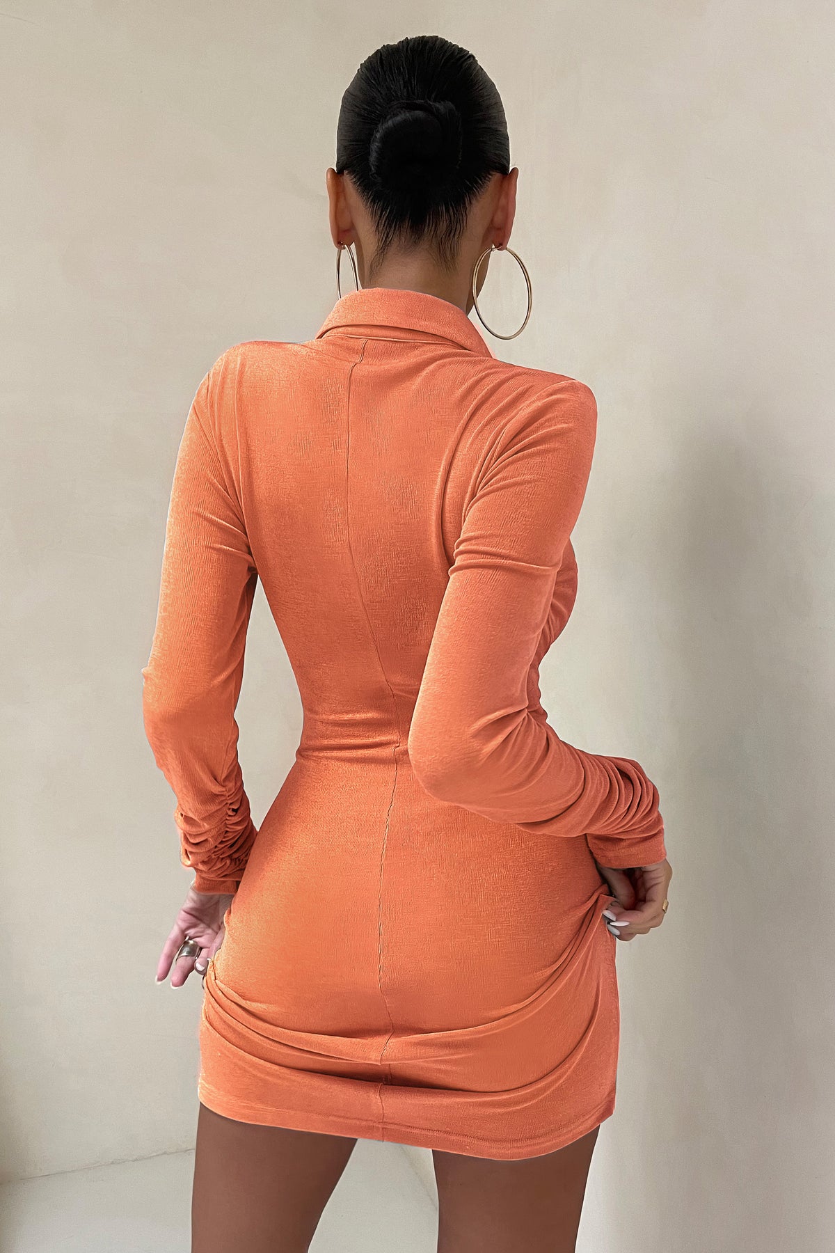 Orange silky long 2024 sleeve panelled dress