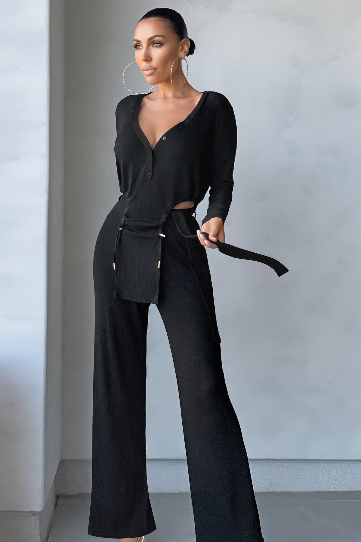 Kiyah Black Ribbed Wide Leg Trousers  In The Style USA