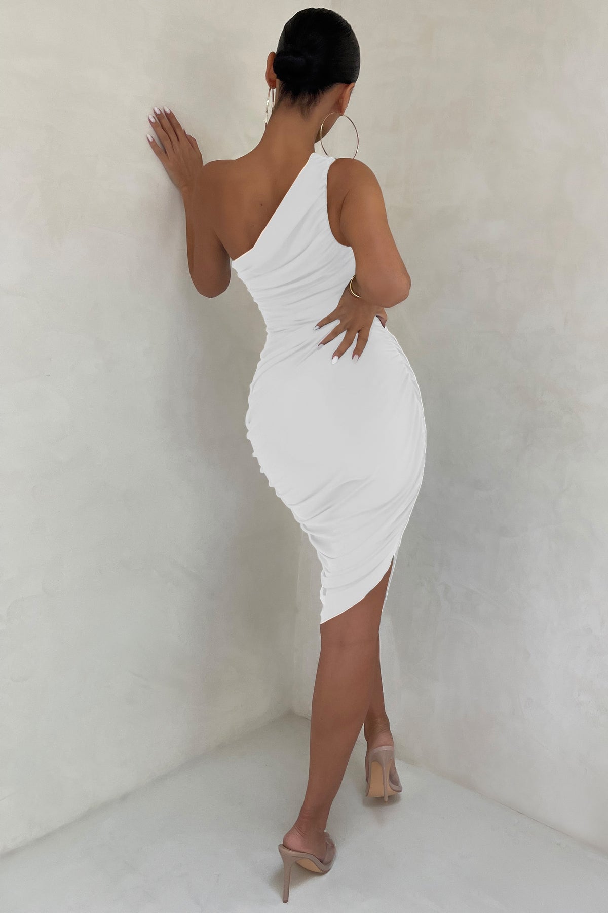 Late Night Off White Asymmetrical One Shoulder Ruched Midi Dress
