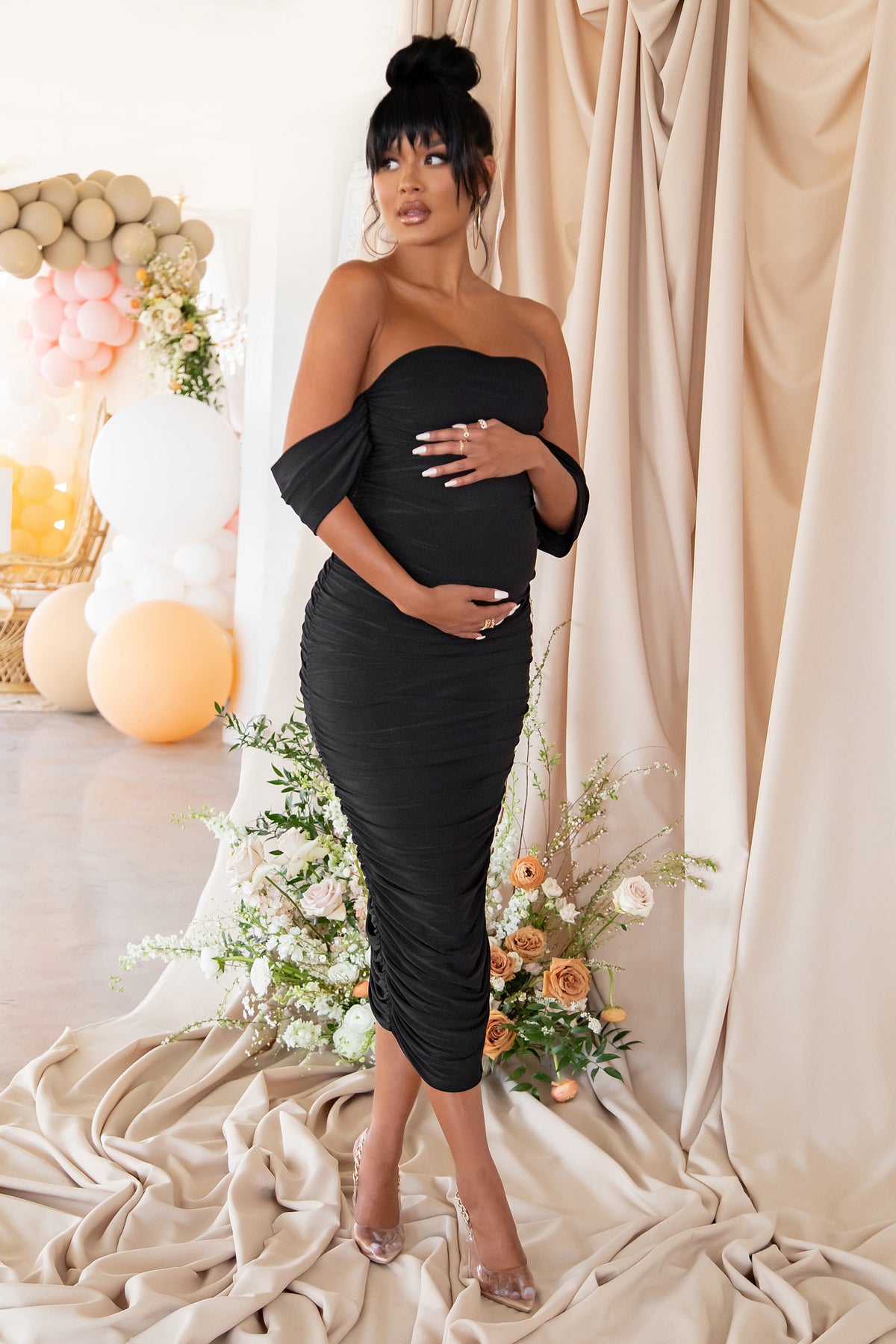 Plus One Black Maternity Bardot Ruched Draped Midi Dress Club L