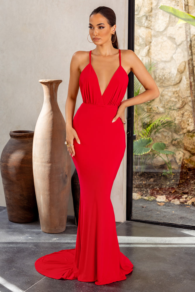 Shooting Star Red Backless Knot Detail Fishtail Maxi Dress – Club
