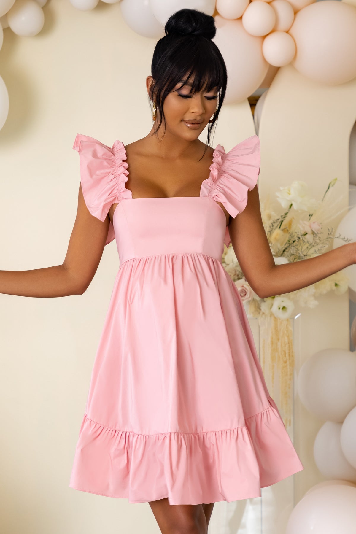 Dolly Daze Pink Maternity Ruffle Sleeve Babydoll Mini Dress – Club L London  - UK