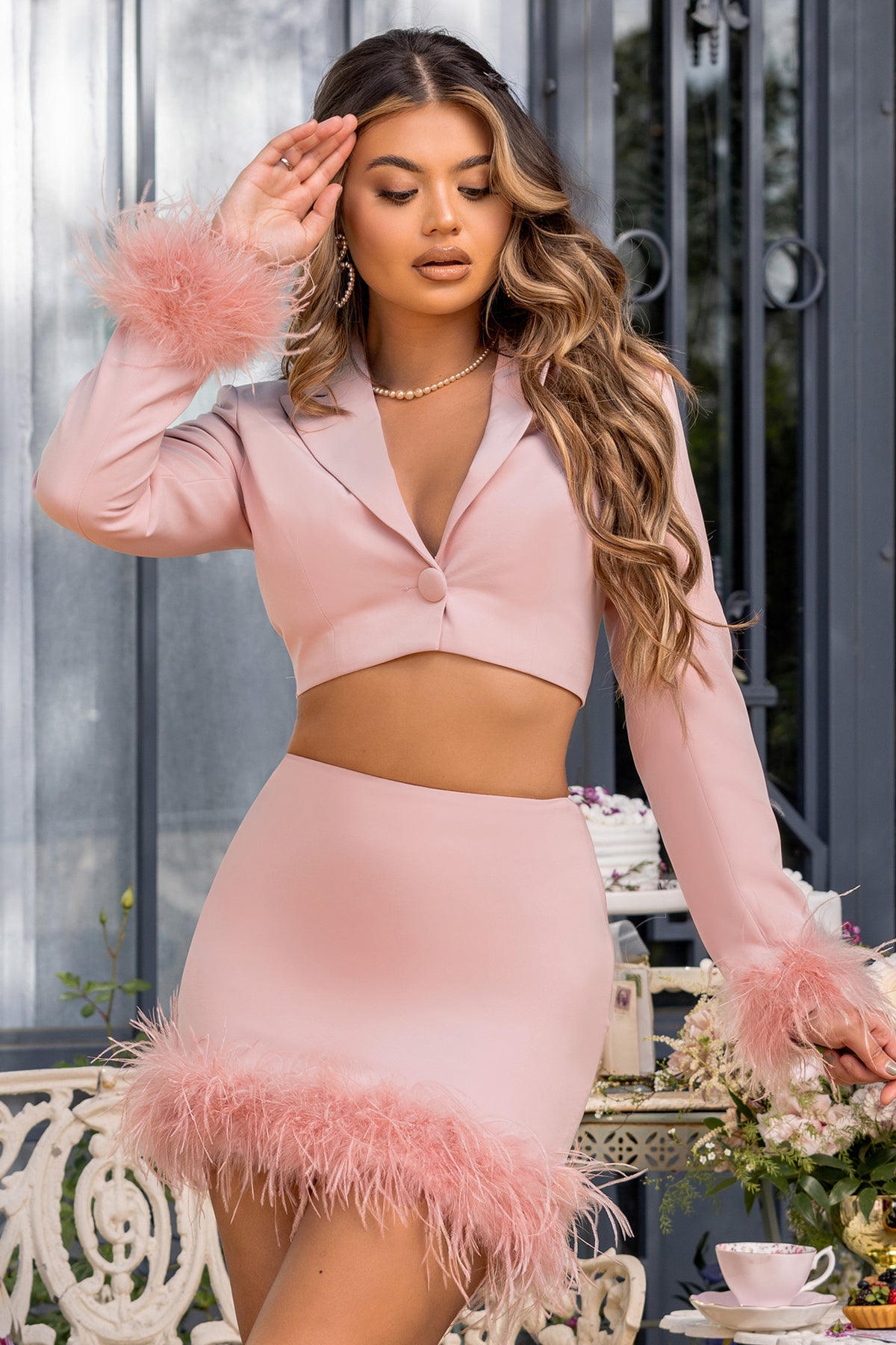 Tempting | Pink Cropped Blazer With Feather Trim On Sleeve Cuff - Club L 