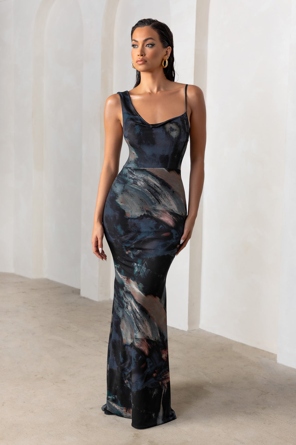 Phantasy Black Abstract Print Asymmetric Neckline Cowl Maxi Dress 