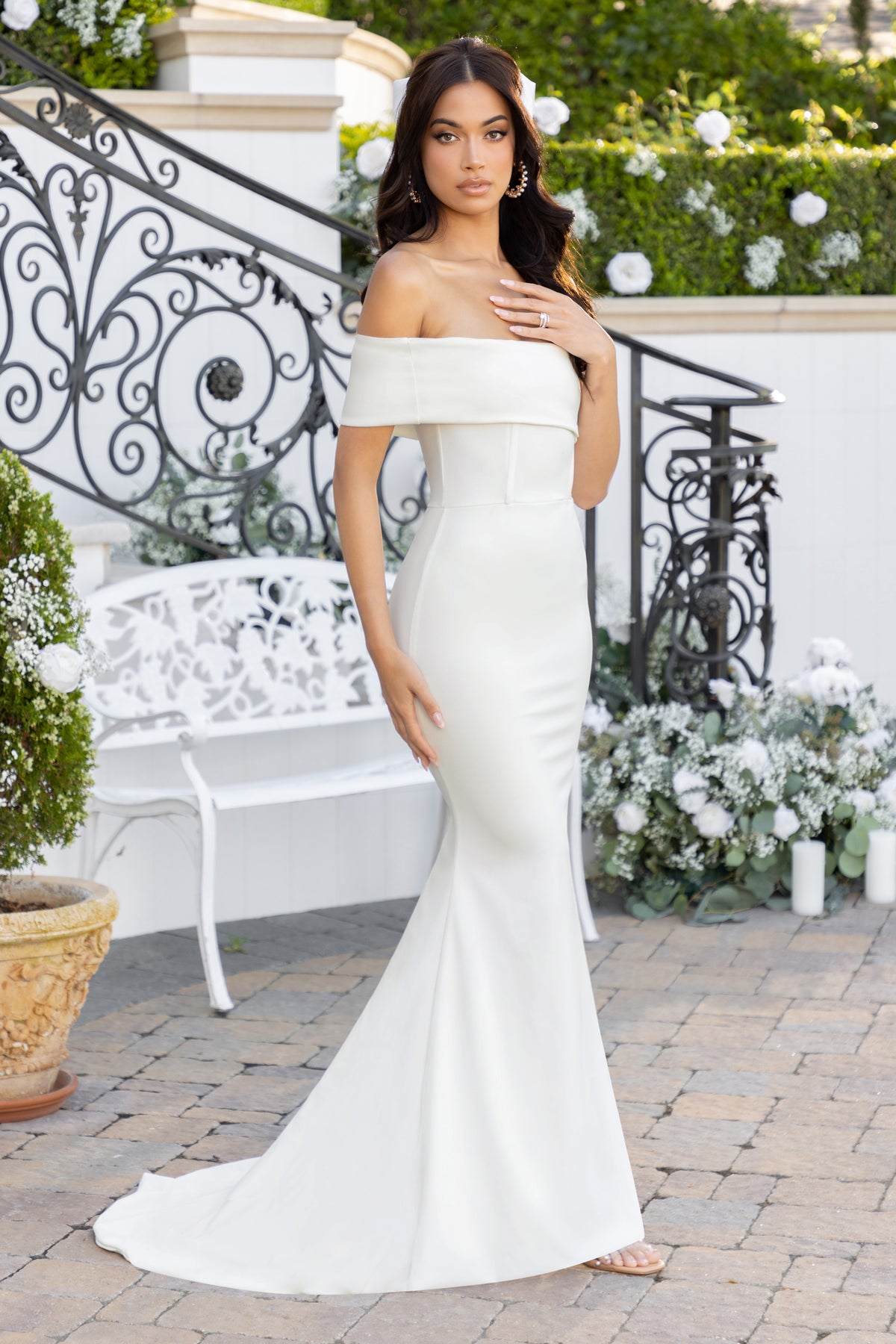 Ivory bardot 2024 wedding dress