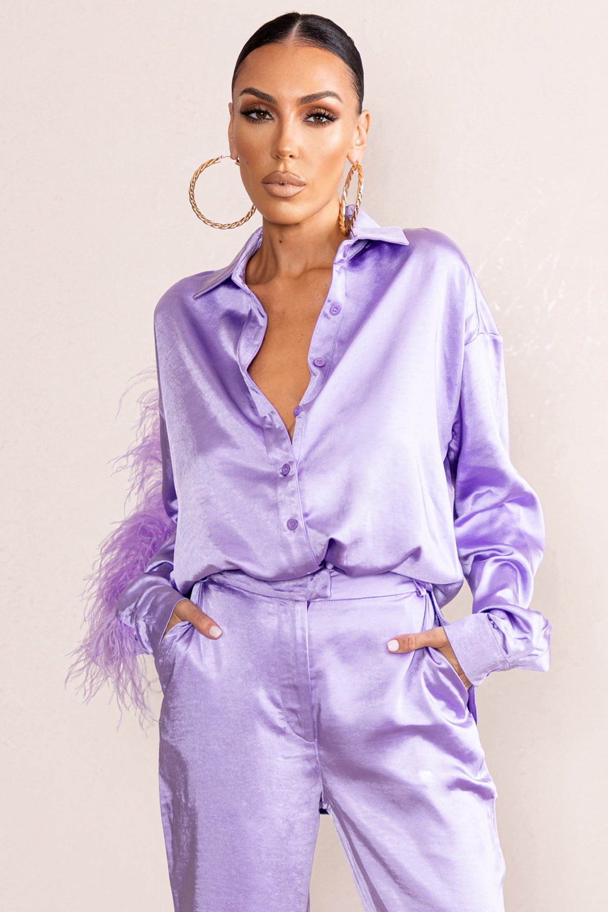 Catch My Eye Lilac Feather Sleeve Satin Shirt – Club L London - UK