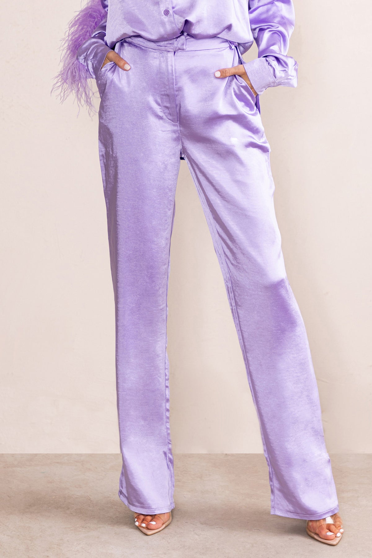 Evening Memories | Lilac Satin Wide Leg Trousers - Club L 