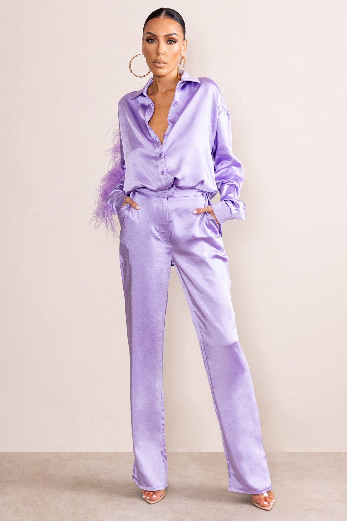 Evening Memories | Lilac Satin Wide Leg Trousers - Club L 