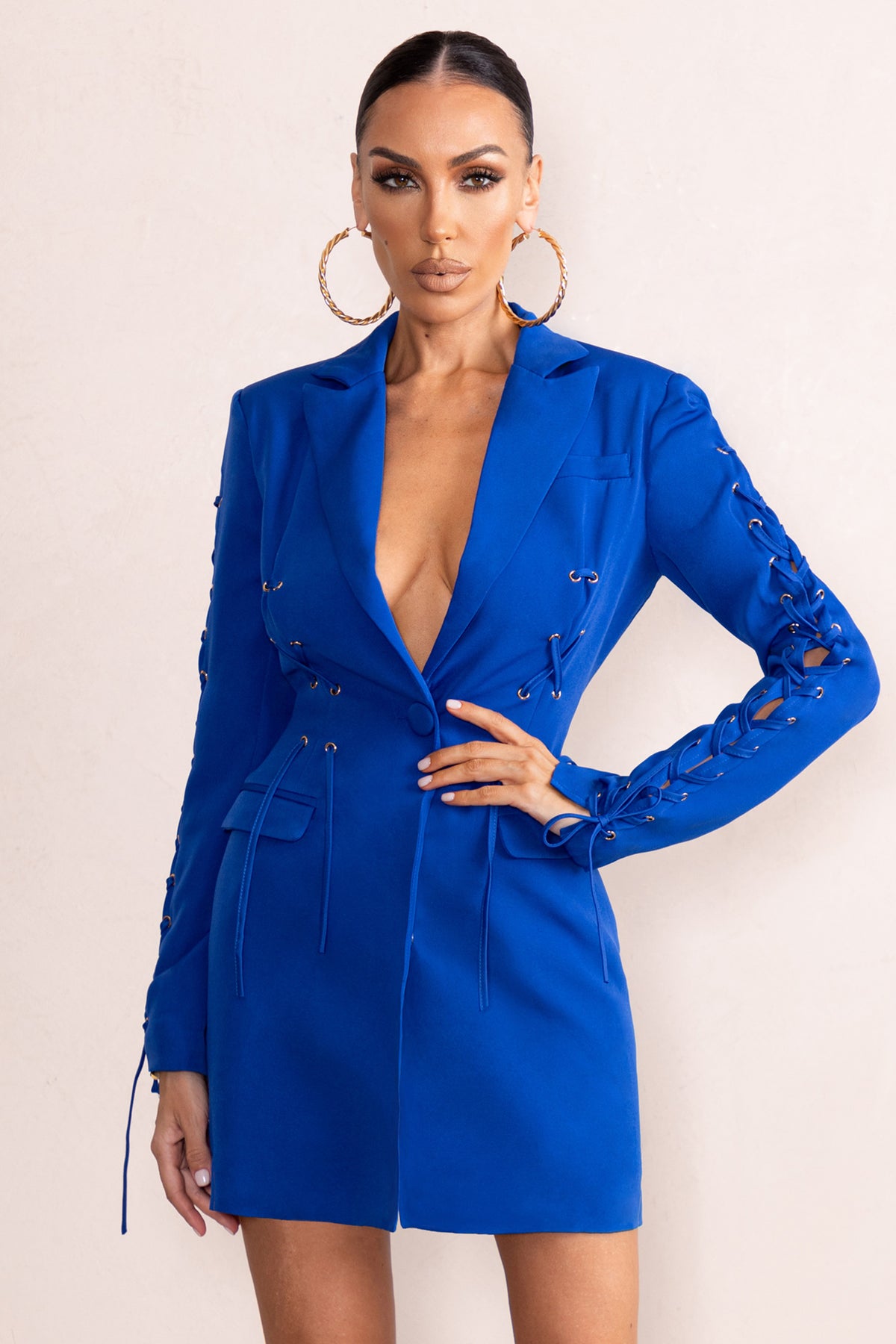 Material Girl Electric Blue Tie Up Details Blazer Mini Dress