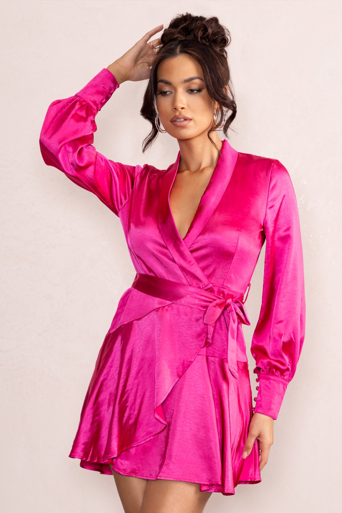 Gemstone Hot Pink Satin Belted Wrap Mini Dress – Club L London - UK