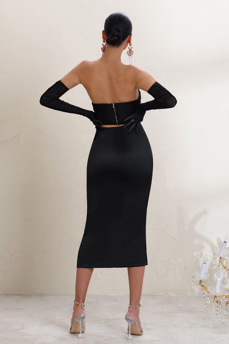 Freshen Up Black High Waist Ruched Midi Skirt With Thigh Split – Club L ...