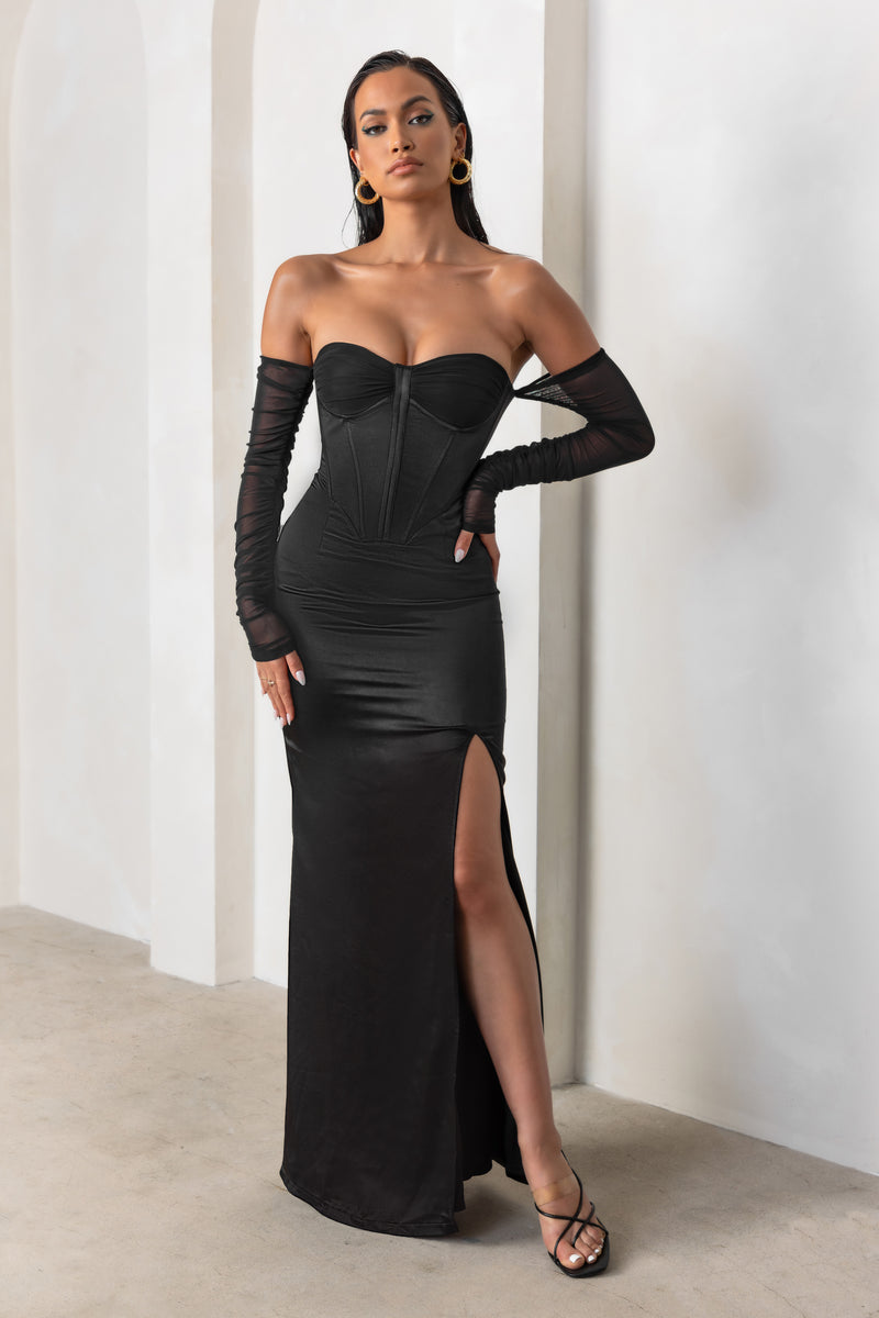 My Prize Black Satin Bardot Mesh Long Sleeve Maxi Dress With Thigh S ...