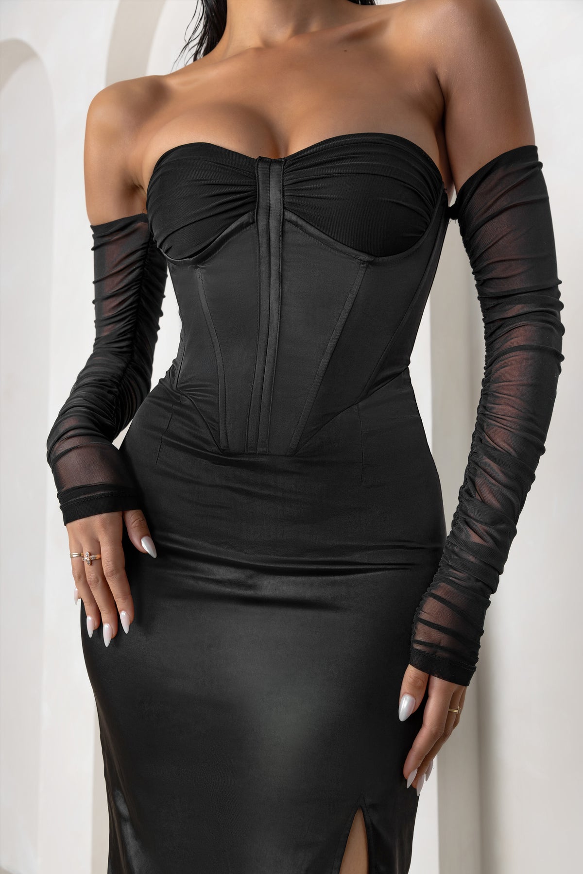 My Prize Black Satin Bardot Mesh Long Sleeve Maxi Dress With Thigh S – Club  L London - UK