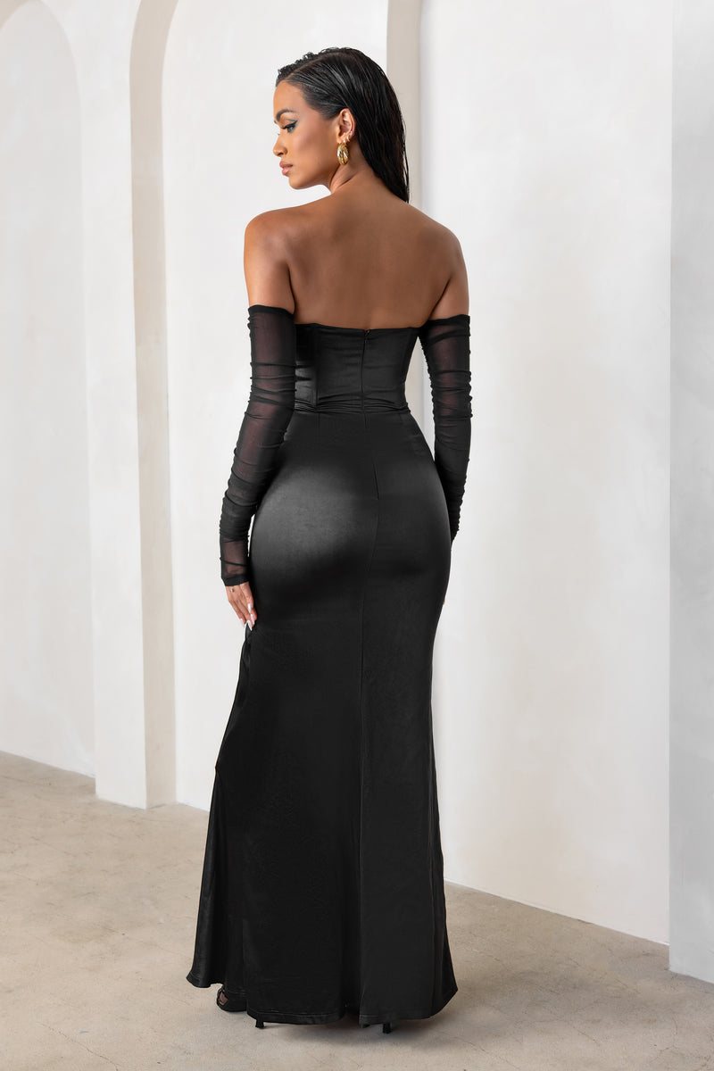 My Prize Black Satin Bardot Mesh Long Sleeve Maxi Dress With Thigh S ...
