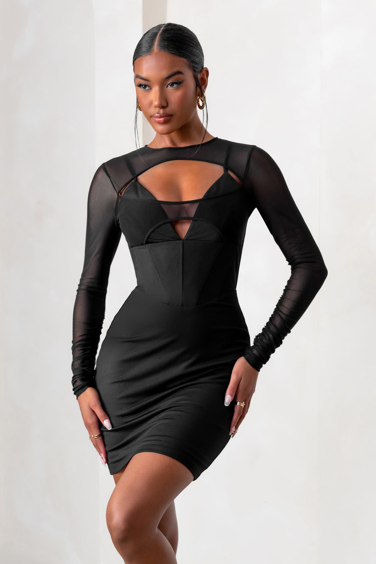 This Moment Black High Neck Cut Out Mini Dress With Mesh Sleeves