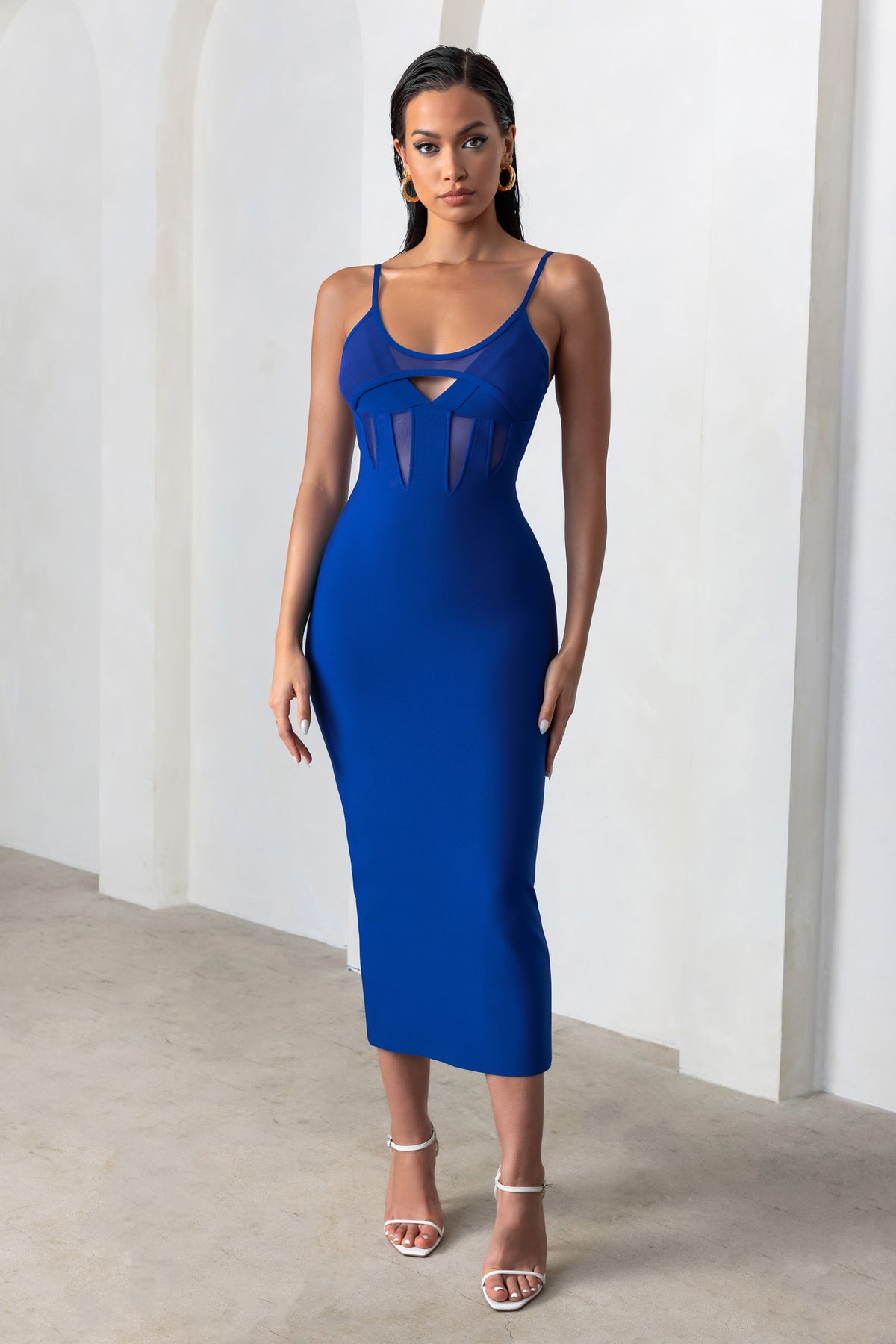 Destiny Calling Electric Blue Bandage Mesh Cut Out Midi Dress with