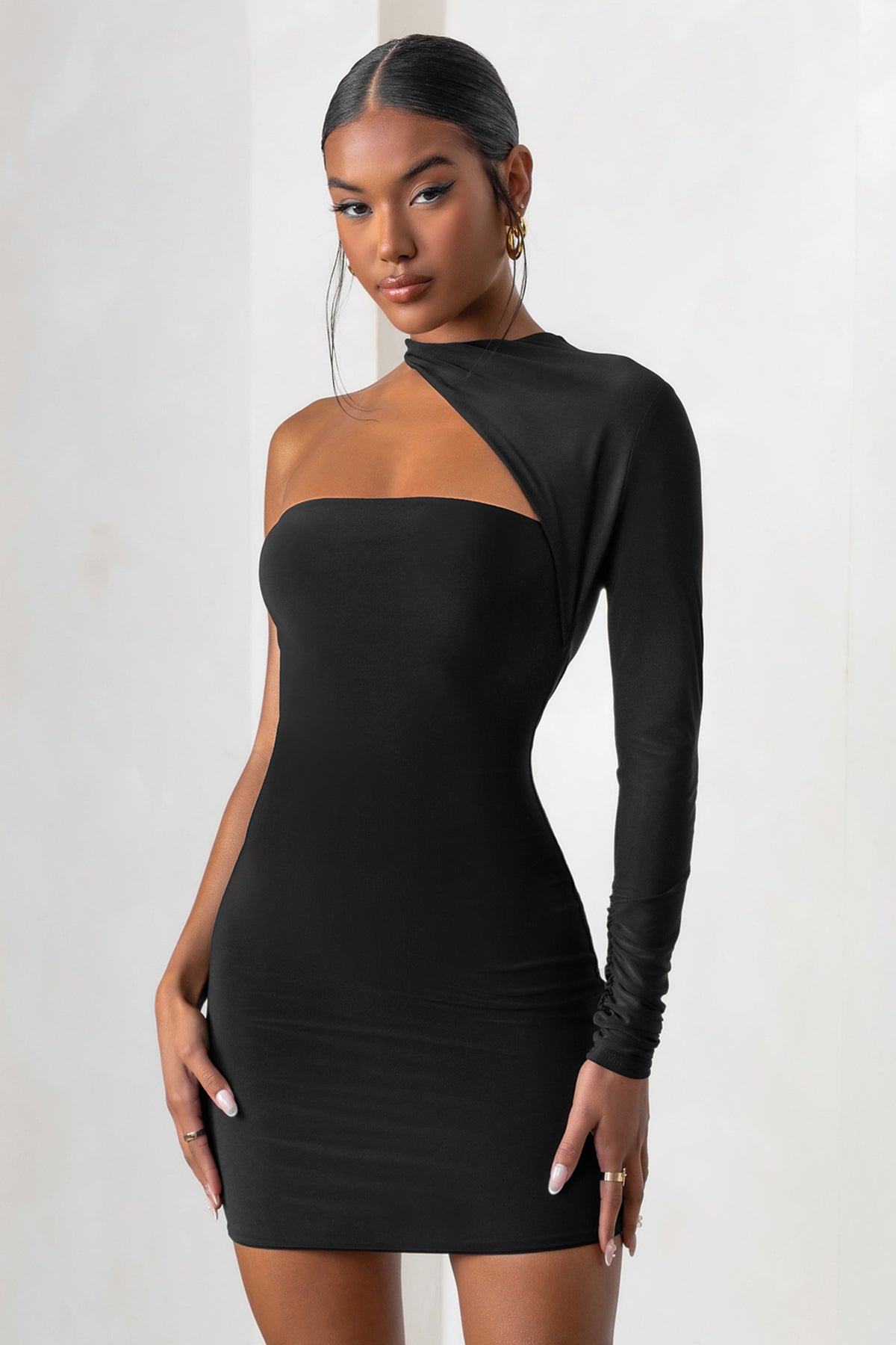 Perfect Touch Black One Shoulder Long Sleeve Mini Dress – Club L London ...