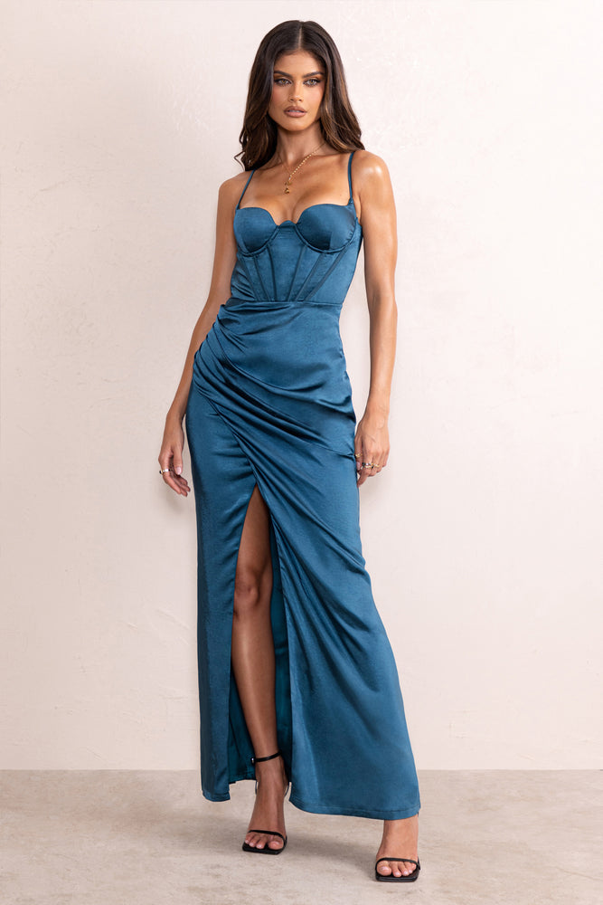 Alessandra Teal Satin Cupped Corset Bodice Maxi Dress With Thigh Spl ...