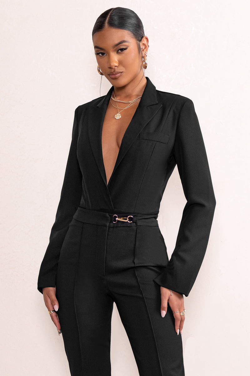 Everlee Black Plunge Neck Tailored Blazer Bodysuit With Back Cut Out ...