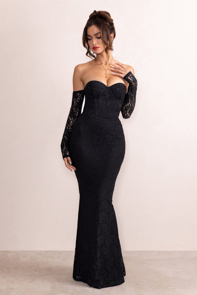 Aniyah Black Lace Bardot Corset Fishtail Maxi Dress With Sheer Lace  Club  L London  UK