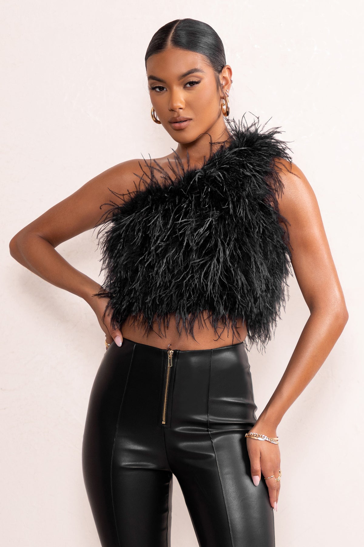 One Shoulder Feather Trim Top