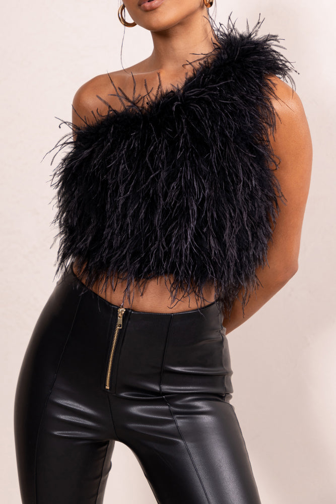 One Shoulder Feather Trim Top