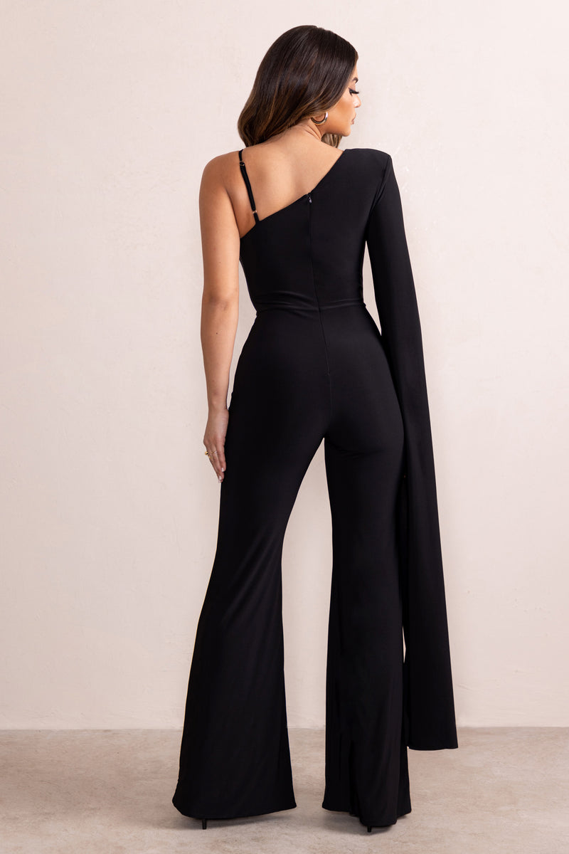 Dionne Black Plunge Front One Shoulder Jumpsuit With Cape Sleeve – Club ...