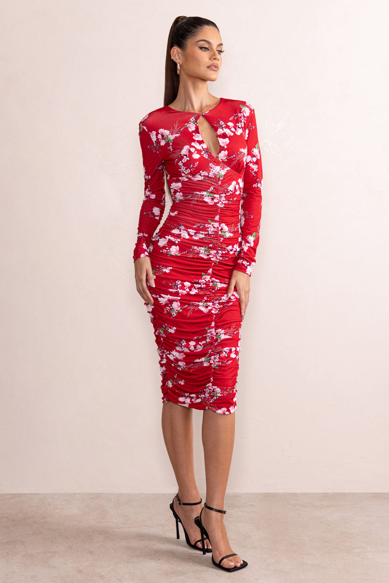 Sia Red Floral Print High Neck Ruched Midi Dress With Keyhole Detail ...