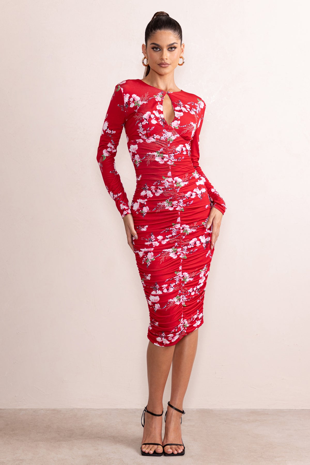 Sia Red Floral Print High Neck Ruched Midi Dress With Keyhole Detail ...