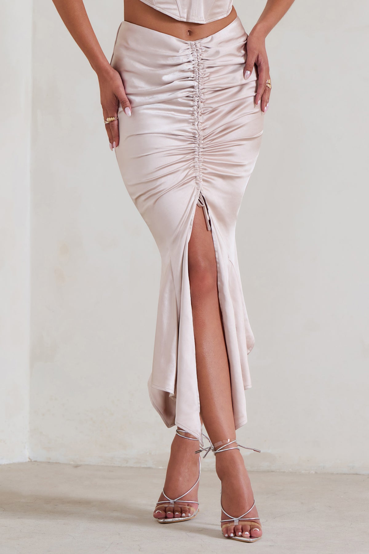 Per Favore | Champagne Satin Ruched Split Maxi Skirt - Club L 