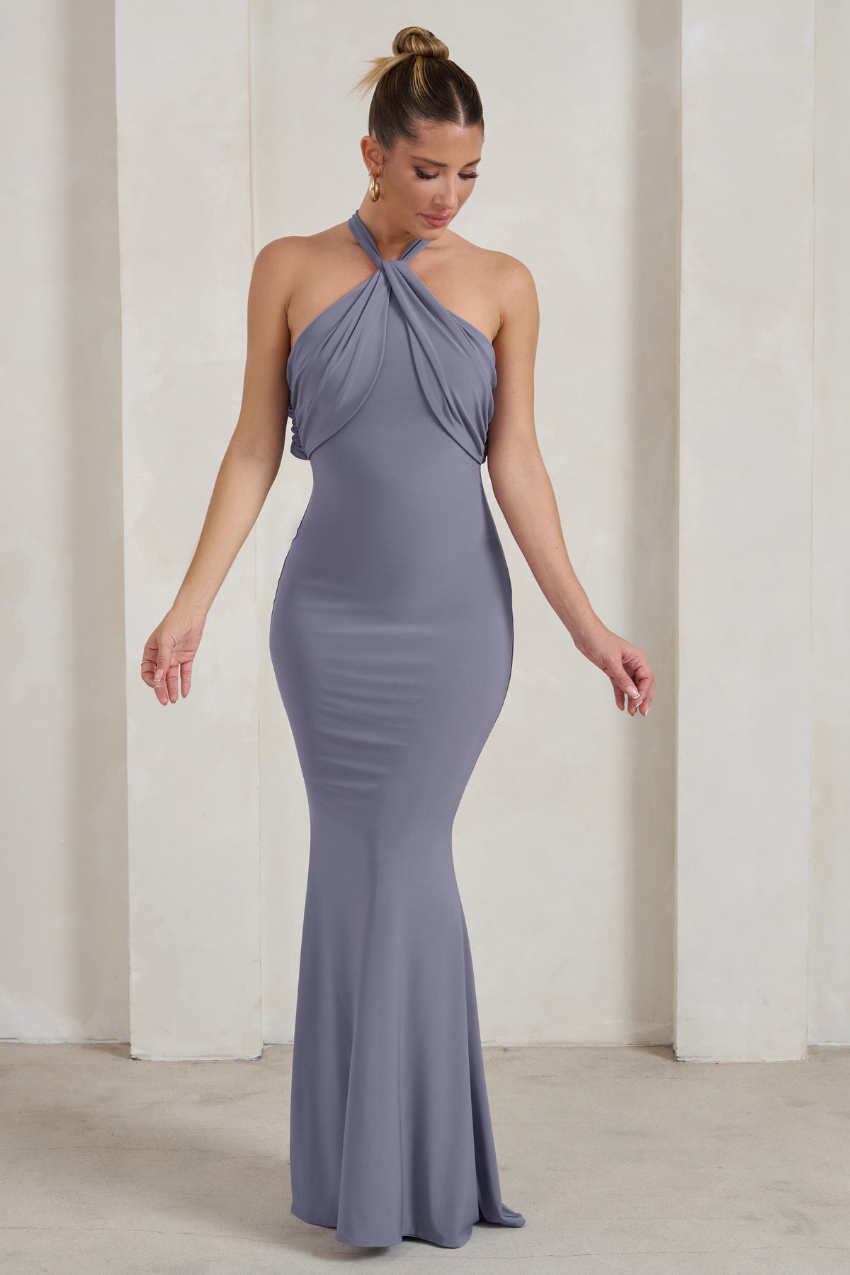 Genevieve Grey Twist High Neck Drape Detail Maxi Dress – Club L London - UK
