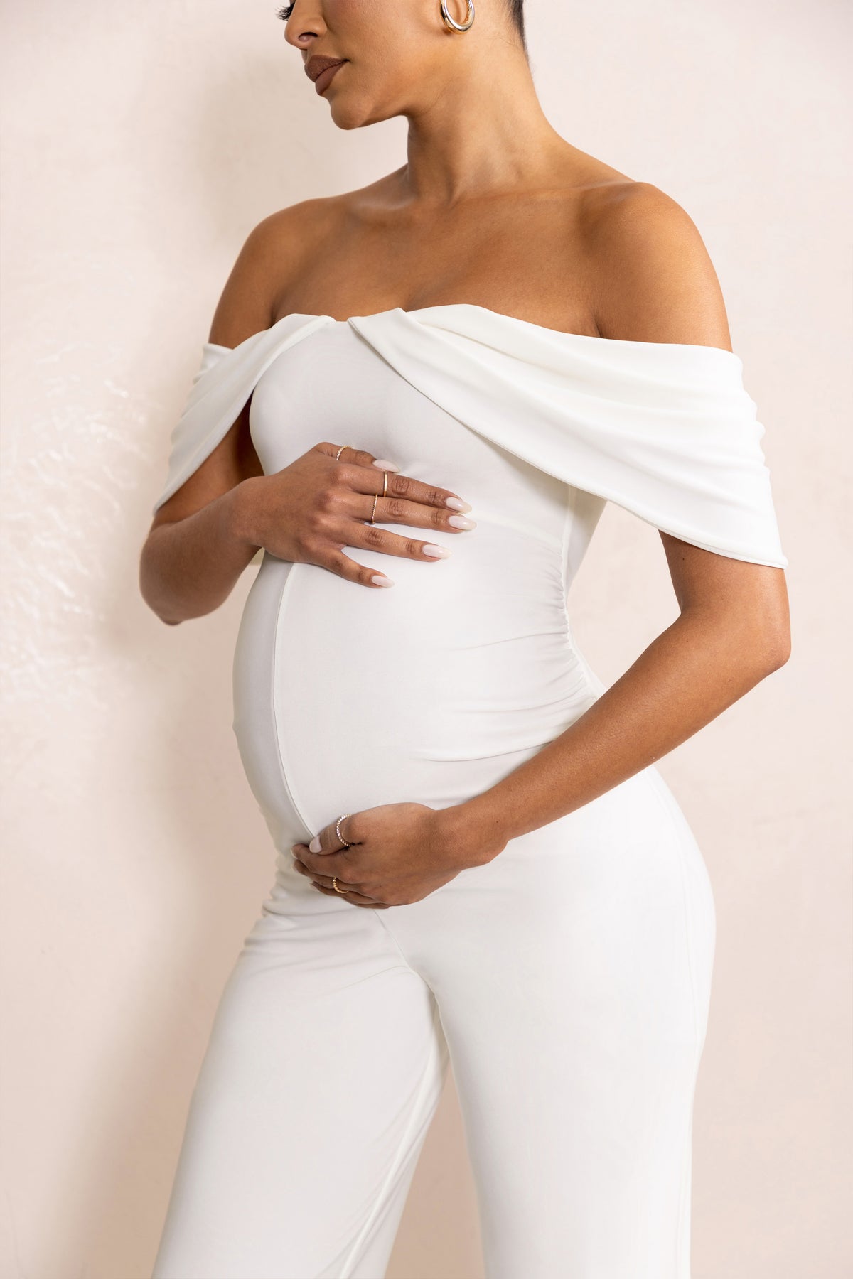Renata White Draped Sleeve Bardot Maternity Jumpsuit – Club L