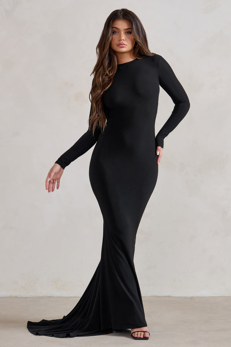 One Step Ahead Black Long Sleeve Backless Fishtail Maxi Dress – Club L ...