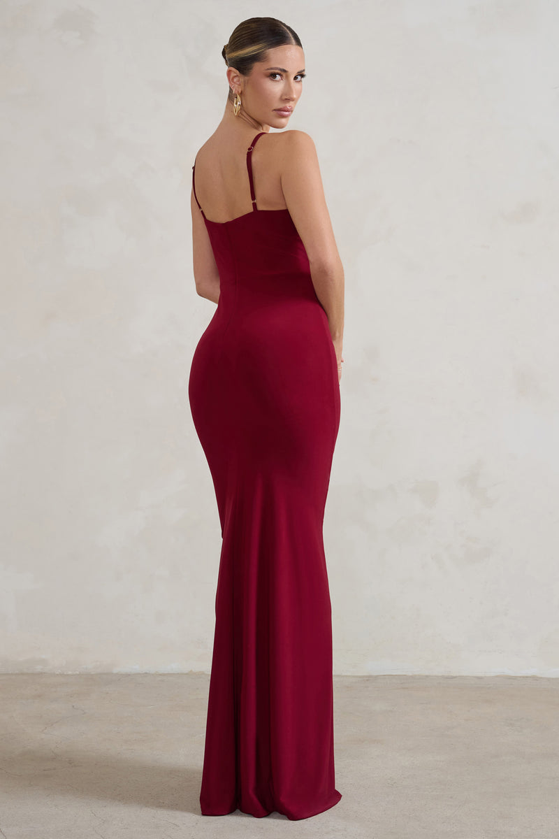 Jeanne Berry Red Plunge Ruched Cami Maxi Dress With Split – Club L ...