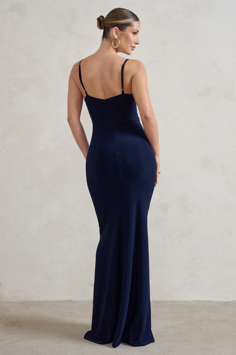 Jeanne Navy Plunge Ruched Cami Maxi Dress With Split – Club L London - UK