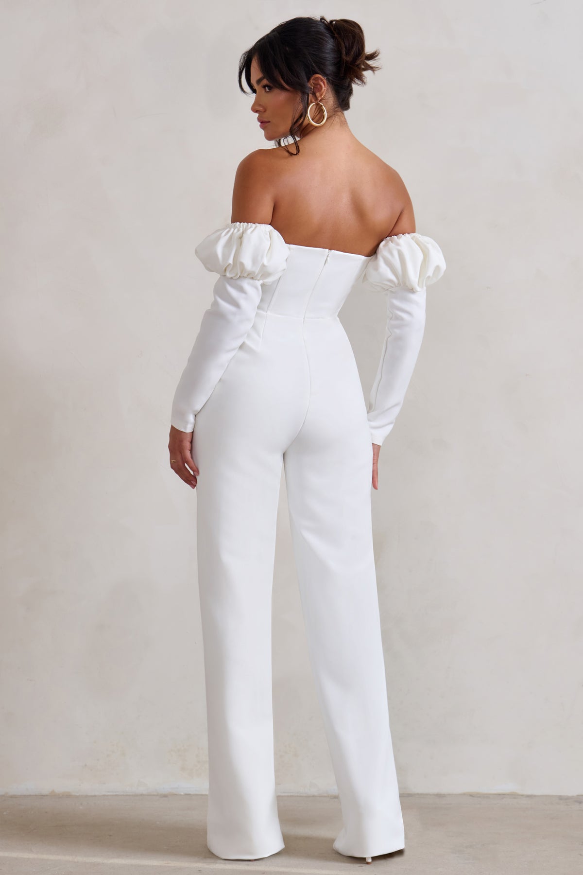 Reema White Bardot Puff Long Sleeve Jumpsuit – Club L London - UK