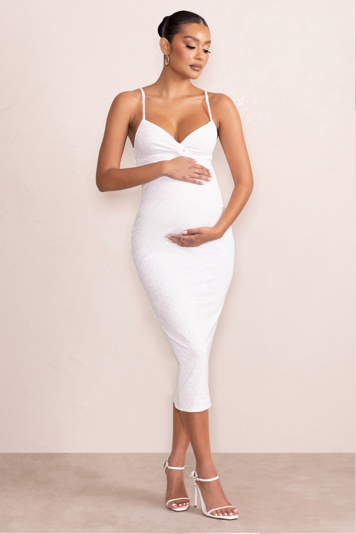 Nelly White Maternity Cami Midi Dress with Twist Plunge – Club L London - UK