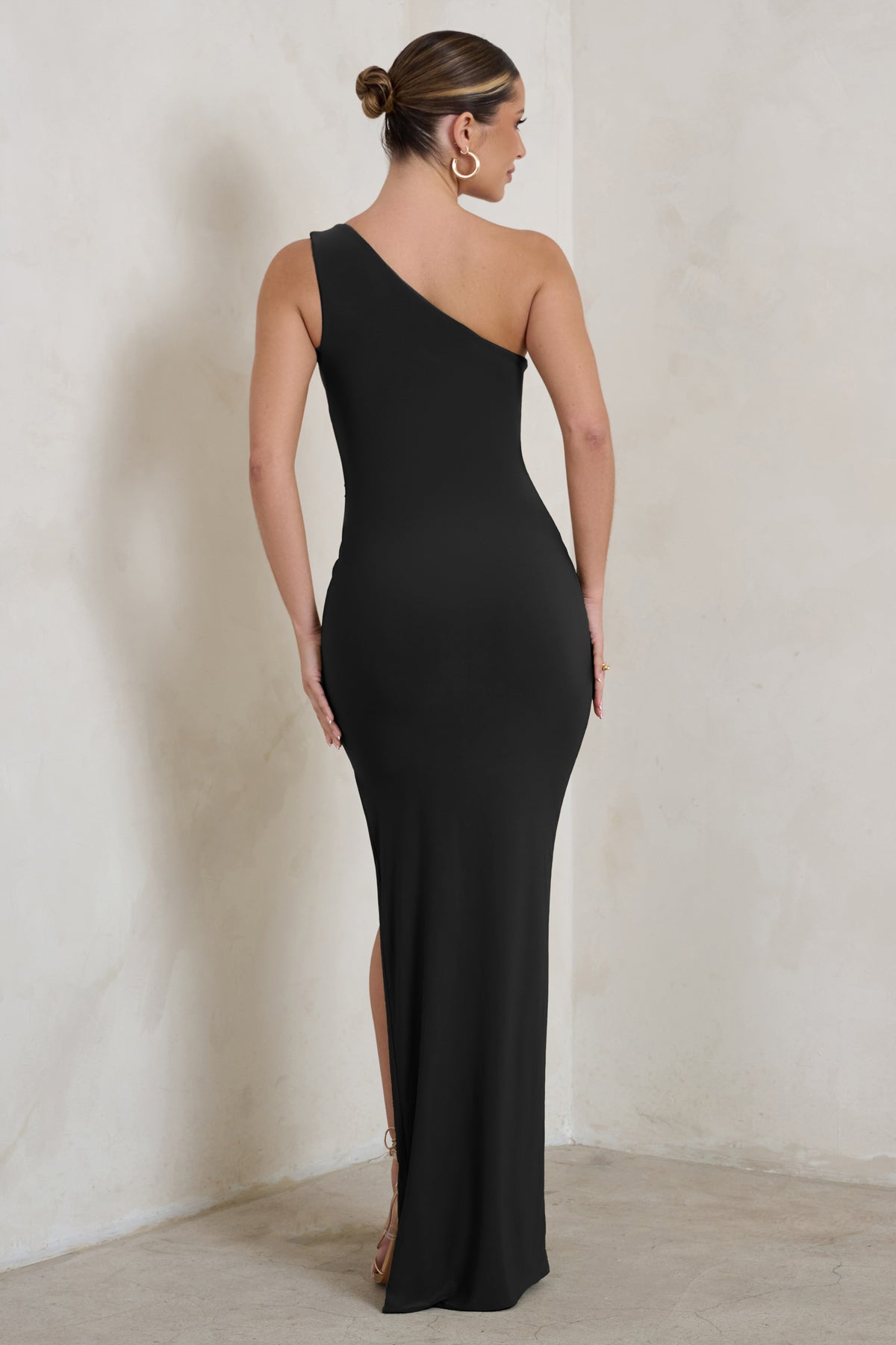 Kary Black One Shoulder Thigh Split Maxi Dress – Club L London - UK