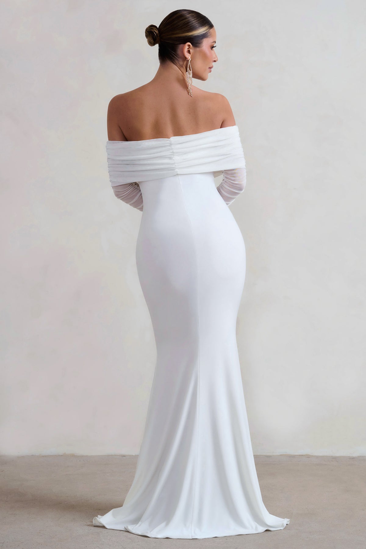 Madeleine White Fishtail Maxi Dress With Bardot Mesh Long Sleeves ...