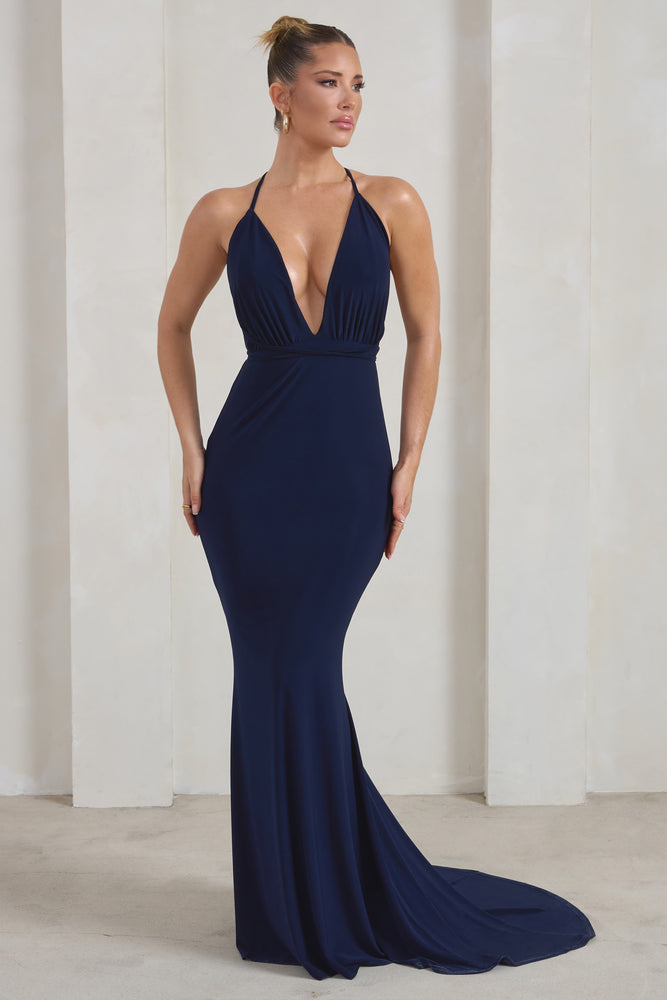 Starlet Navy Plunge Maxi Dress With Multiway Straps – Club L London - UK
