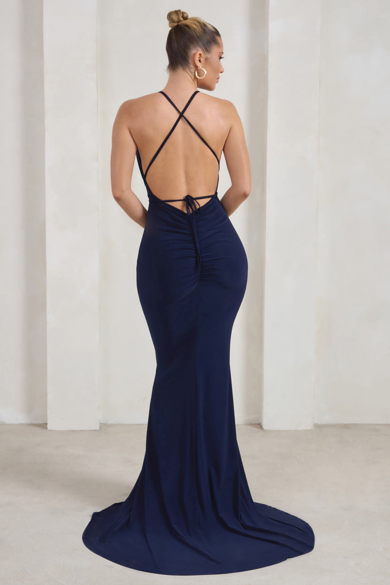 Starlet Navy Plunge Maxi Dress With Multiway Straps – Club L London - UK