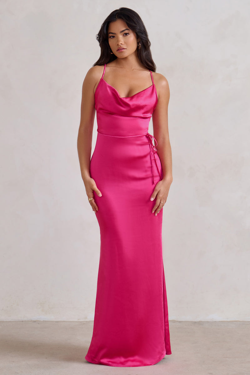 Lifetime Fuchsia Pink Satin Cowl Neck Maxi Dress With Cross Back Det ...