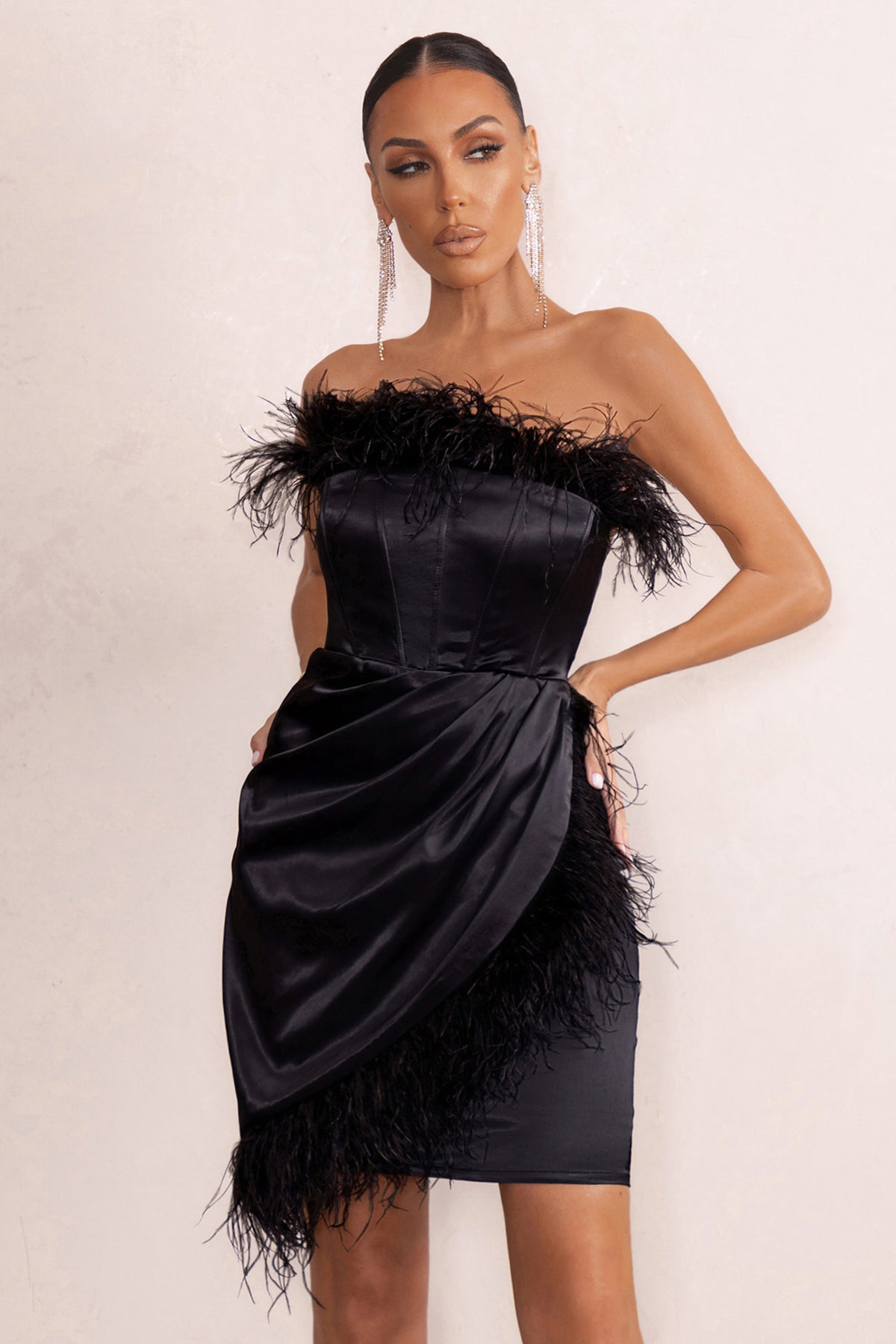 Forever High Black Bandeau Wrap Front Mini Dress With Feather Trim ...