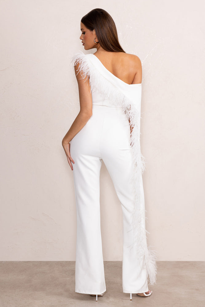 Cindy | White One-Shoulder Cape Jumpsuit with Feather Trim