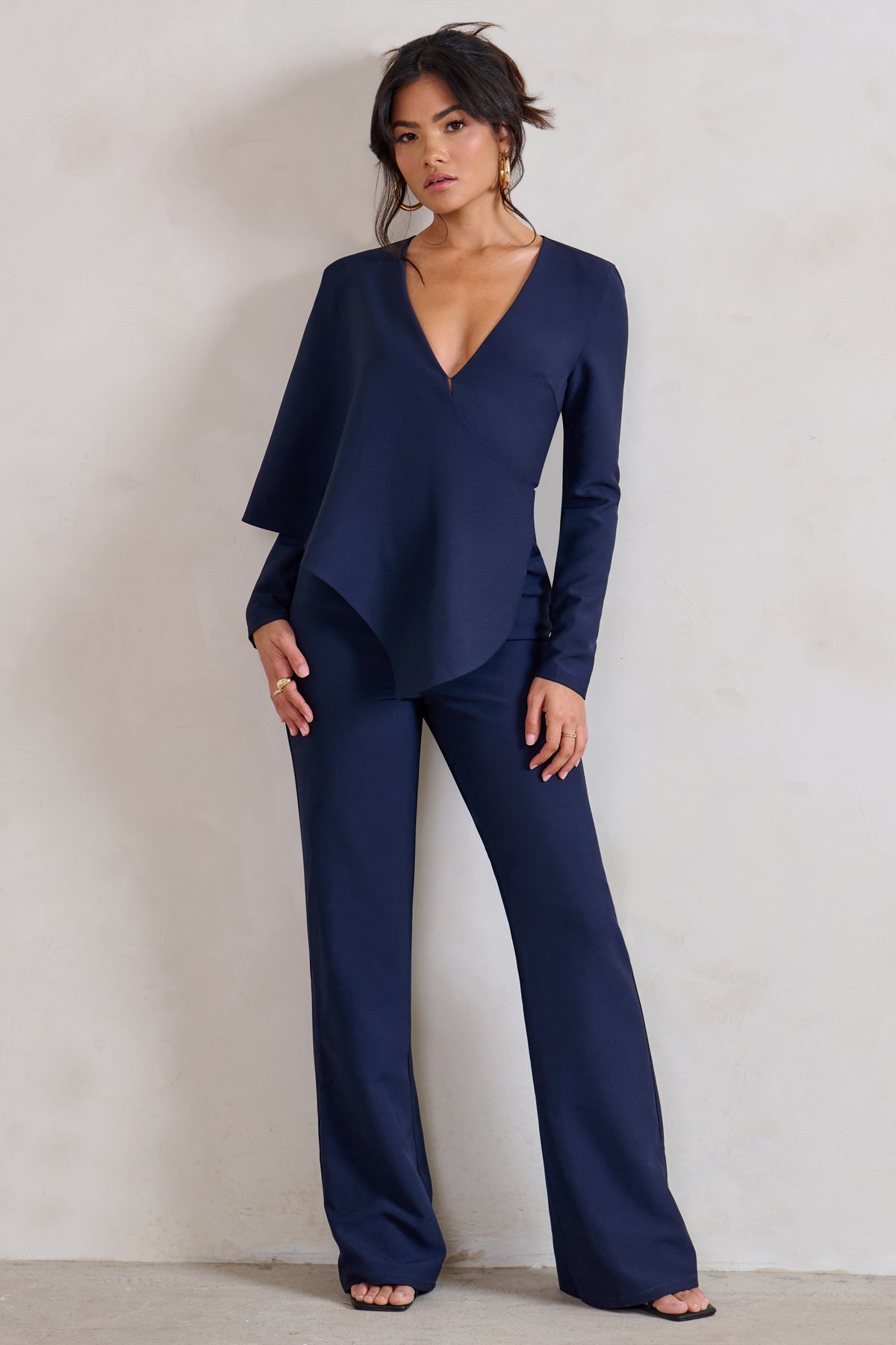 club l Erika Navy Plunge Jumpsuit with One-Shoulder Cape Overlay