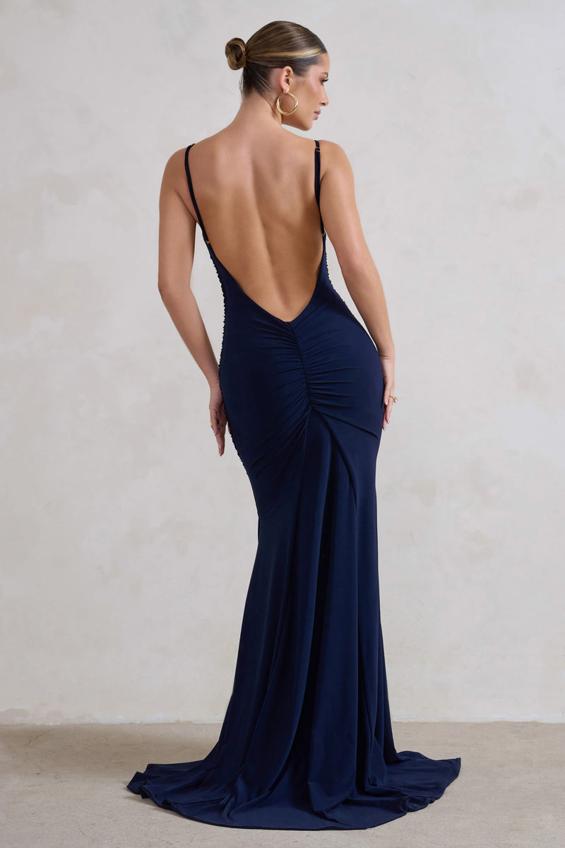 Adele Navy Backless Ruched Fishtail Cami Maxi Dress – Club L London - UK