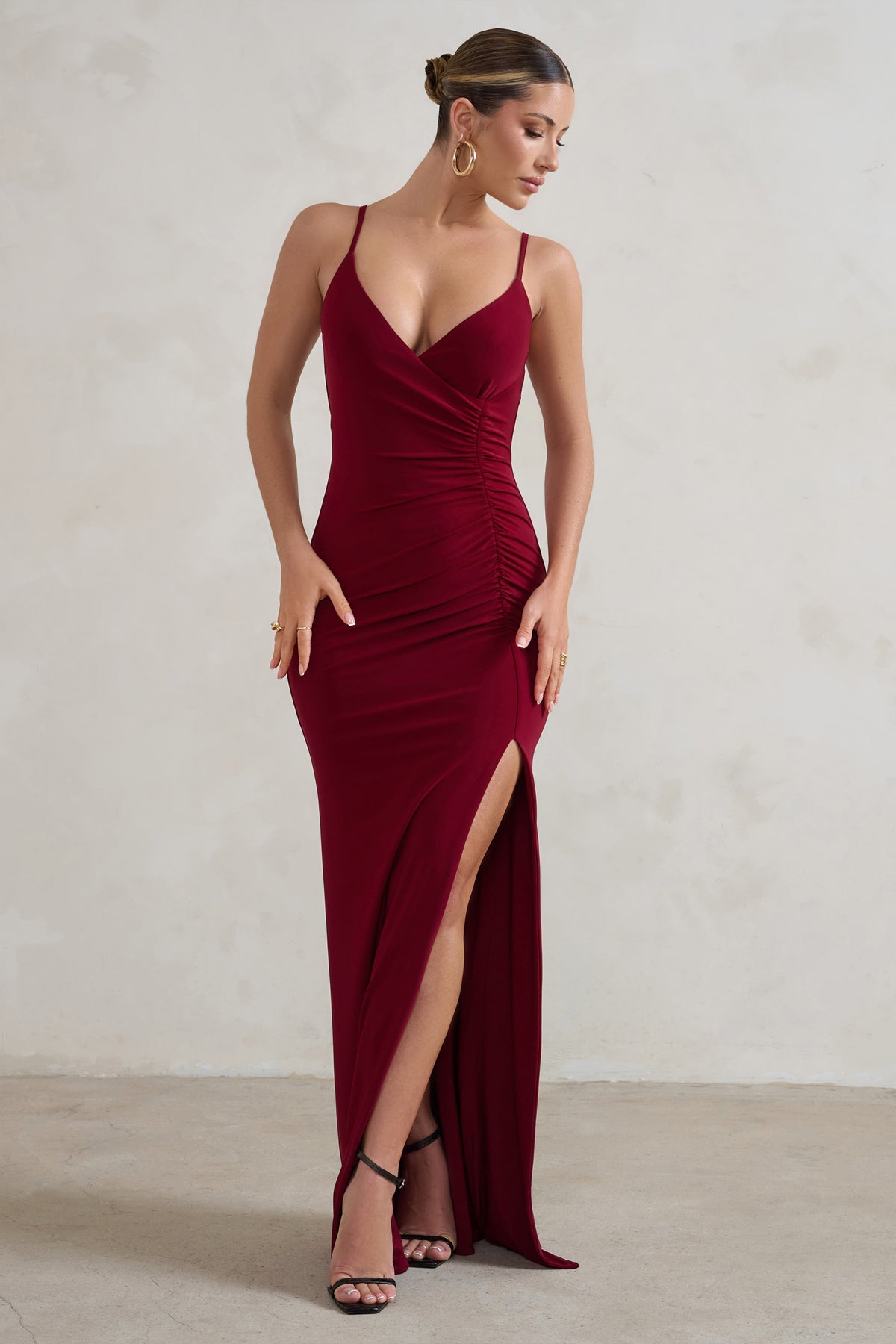 Jeanne Berry Red Plunge Ruched Cami Maxi Dress With Split – Club L ...